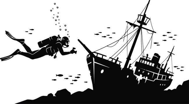 Scuba diver exploring a sunken shipwreck