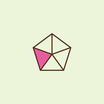 Minimalist flat cartoon pentagon icon divided into five triangular segments with one section shaded pink to represent a mathematical 1/5 fraction. Perfect for student school math textbooks.