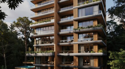 Obraz premium Modern apartment building blends glass wood and steel within rich forest. Features balconies terraces private pool. Offers luxury eco friendly urban living with scenic nature views.