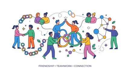 Fototapeta premium Flat vector illustration of abstract human connections represented by colorful linked shapes, friendship and teamwork concept
