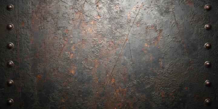 rusted metal plate with rivets dark gray and orange textured background
