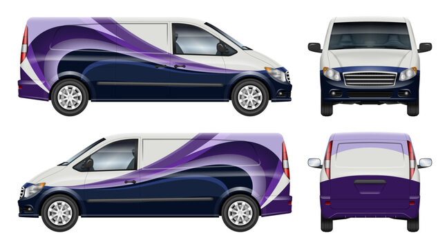 Cargo van branding mockup with abstract purple and dark blue wave design for corporate vehicle livery and commercial transit advertising concept
