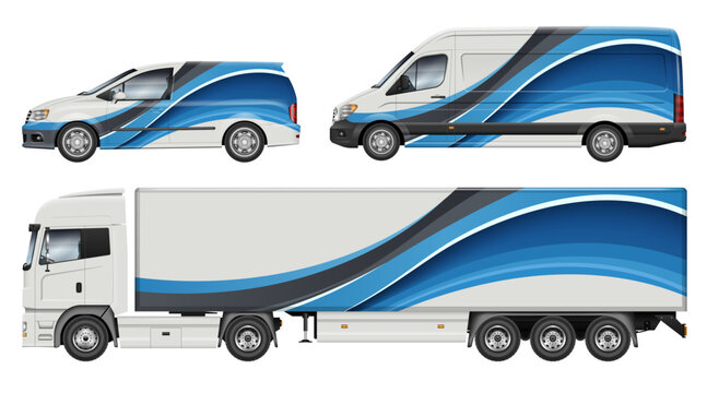 Vector vehicle branding mockup set. Car, van, and semi trailer truck with blue and grey abstract corporate identity wrap design template. Transport fleet livery side view