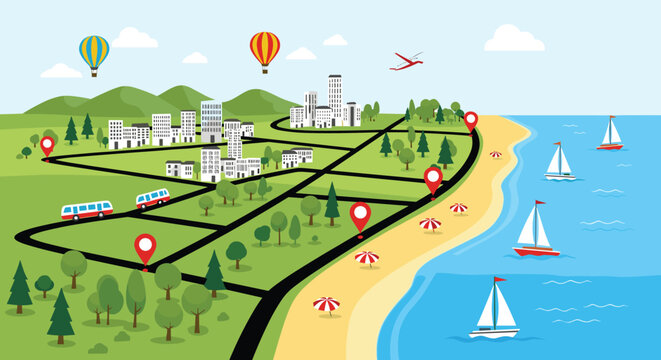 Detailed stylized map of a coastal town featuring roads, buildings, boats, hot air balloons, and location markers icons.