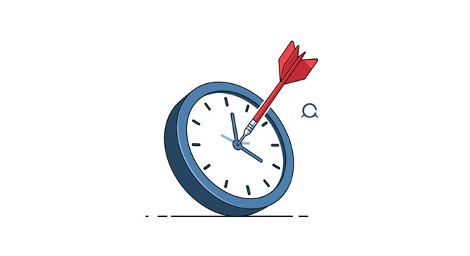 Effective time management concept showing a dart hitting the center of a clock face representing a met work deadline.