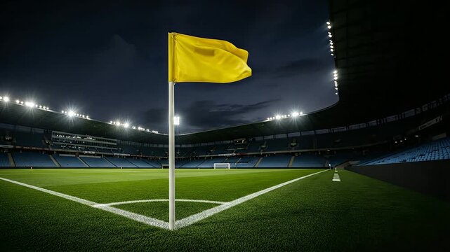 A wide shot of an empty football stadium at night, focusing on the corner flag and illuminated pitch, with rows of blue seats visible in the background