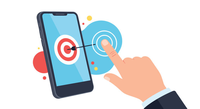User interface concept showing a human hand touching a target symbol on a smartphone screen with abstract background shapes.