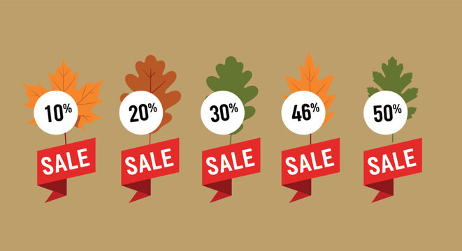 Seasonal autumn sale advertisement featuring five different colored fall leaves with percentage discount tags on ribbons.