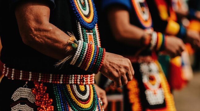 People wear colorful beaded attire and bracelets for traditional tribal dance. Dancers perform ritualistic movements during cultural celebration. Native ethnic performers showcase heritage.