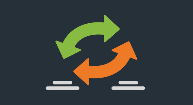Two curved arrows in green and orange colors forming a circular motion symbol against a dark gray background with lines.