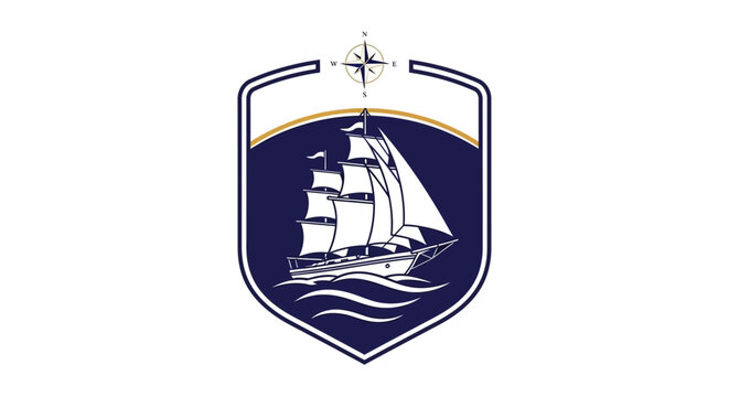 Sailing Ship Emblem, Nautical Crest with Compass Rose and Waves