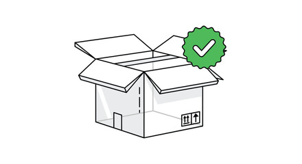Obraz premium Open cardboard shipping box with a bright green verification checkmark symbol suggesting successful delivery or quality assurance.