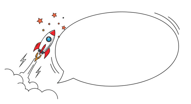 Cartoon rocket ship blasting off with smoke and stars next to a large empty speech bubble for messages and creative announcements.