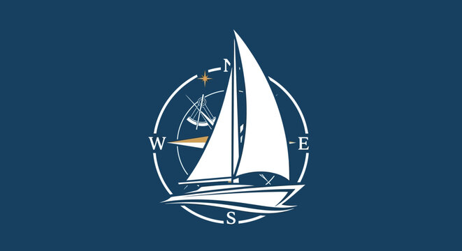 Sailing Boat Silhouette with Compass Rose on Dark Blue Background