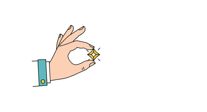 Hand wearing a teal sleeve cuff holding a tiny shining diamond or gemstone between fingers representing quality and value in detail.