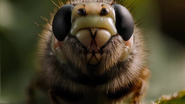 Extreme close-up macro footage of a fuzzy caterpillar's face with large compound eyes, showcasing intricate details of its mouthparts and antennae