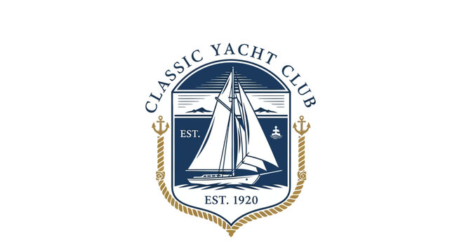 Classic Yacht Club Emblem with Sailboat and Anchors, Vintage Nautical Design