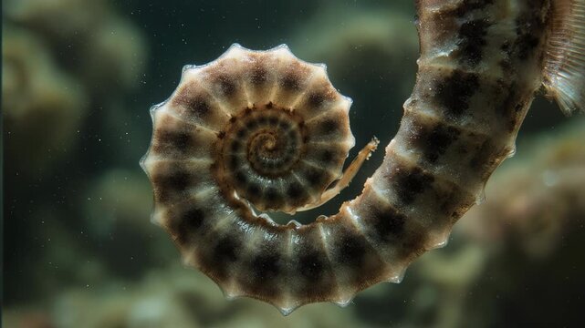 Close-up swirling seahorse tail curled in Fibonacci spiral formation underwater, showcasing organic geometry and natural pattern, symbolizing life, evolution