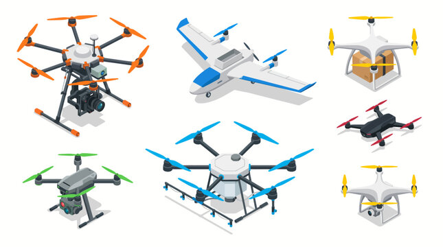 Isometric vector collection of modern drones, including professional camera drone, cargo delivery drone, agricultural sprayer, and fixed-wing UAV isolated on white.