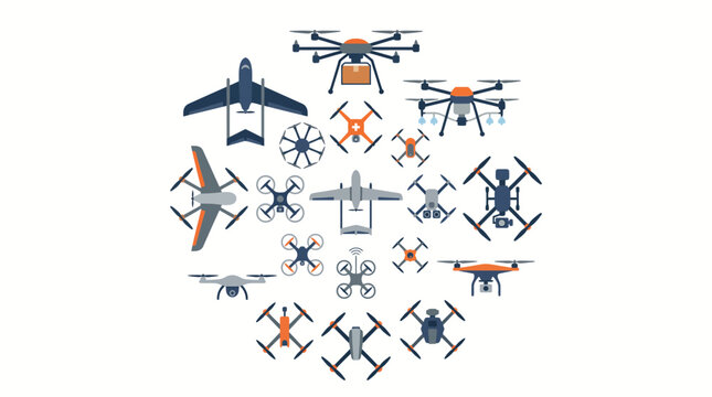 Modern drone icon set in circle composition. Vector flat illustration of various UAV types including delivery, agricultural spraying, medical rescue, and fixed-wing surveillance drones isolated on whi