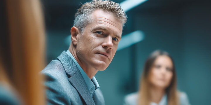 Project manager escorting clients into a meeting room with calm confidence and professional courtesy