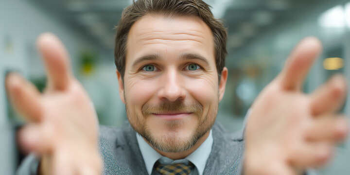 Corporate manager welcoming visitors at the office entrance with a formal and polished first impression