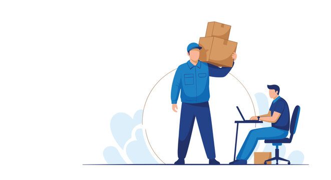 Professional delivery courier carries heavy cardboard boxes while an office worker manages logistics on a laptop for efficient service.