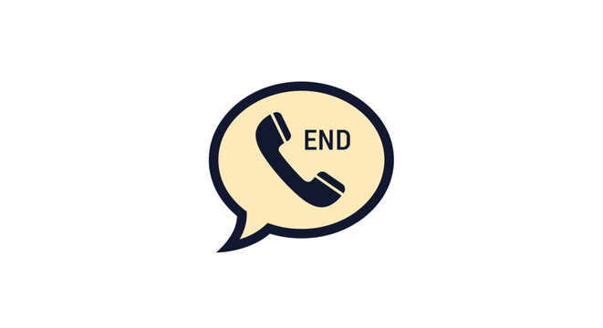 Telephone handset icon with the word end placed inside a cream colored speech bubble with a dark outline for communication apps.