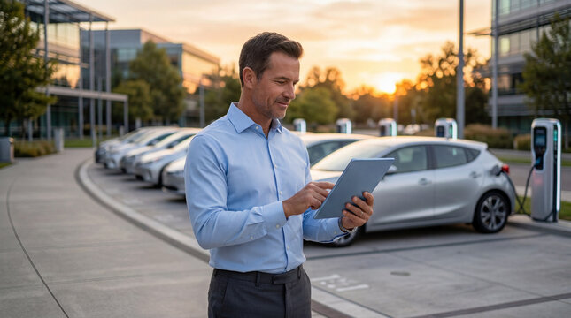 Electric car charging, businessman and tablet at EV station for energy, technology and transport. Male manager, digital device and automotive with sustainability, power and eco mobility at sunset