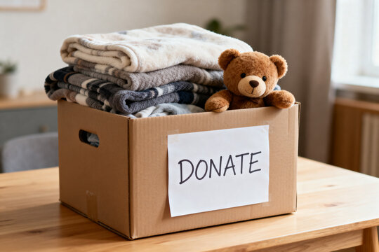 Cardboard Box Labeled Donate Filled with Folded Blankets and a Teddy Bear on Wooden Table