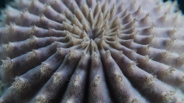 Macro slow motion spiraling patterns of a pulsating coral polyp structure, showcasing intricate organic forms and delicate textures, symbolizing marine life