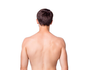 Naklejka premium Back rear side photo of handsome man stand feel cool after men spa salon treatment procedure isolated over grey color background