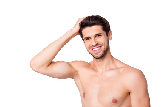 Close up photo of joyful muscular guy look mirror visit hairstylist spa salon procedure touch hairdo like anti dander  shampoo isolated over grey color background