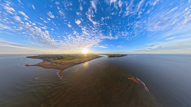 Aerial View of River Deben Estuary and Felixstowe Ferry at Sunset, Suffolk