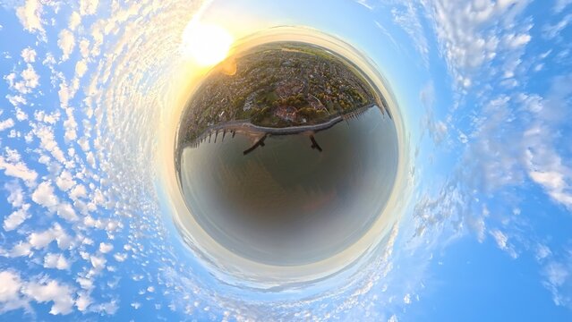 Little Planet Aerial View: Tiny World Stereographic Projection of Cobbold's Point Coastal Defenses, Felixstowe