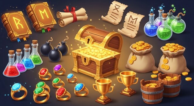 Treasure chest filled with gold coins jewels.