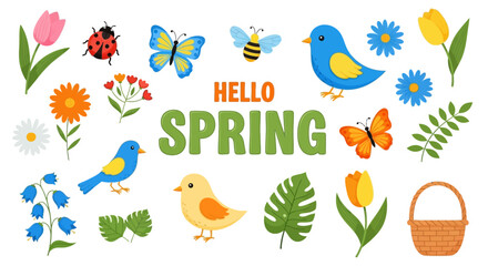 Obraz premium Colorful illustration of spring flowers, birds, and insects welcomes season