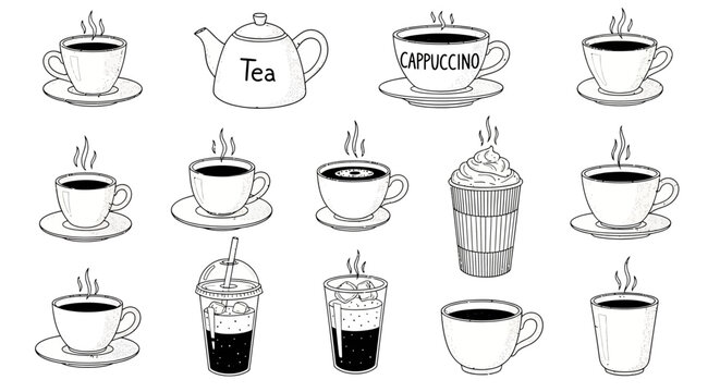 A collection of various hot and cold coffee and tea beverages are displayed.