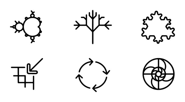 Abstract Geometric Icons Set, Fractal Patterns, Mathematical Shapes, Science Symbols, Vector Graphics