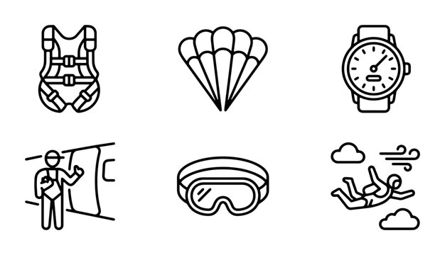 Skydiving Icons: Parachute, Harness, Goggles, Watch, Jumper, Wind, 6 Vector Elements
