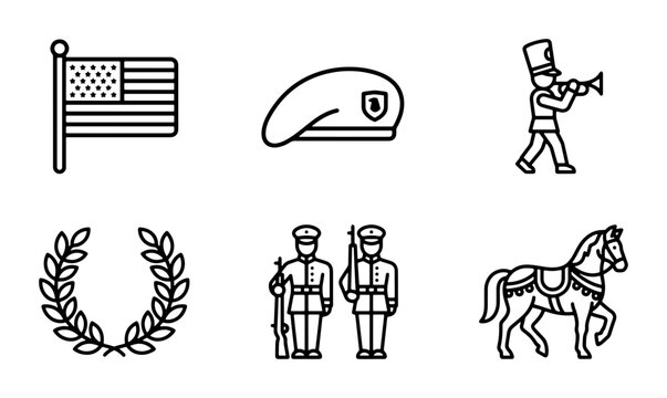 Military Icons Set: US Flag, Beret, Soldier, Bugler, Laurel Wreath, Horse Vector Graphics