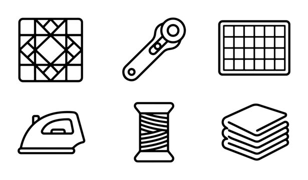 Quilting Icons Set: Rotary Cutter, Iron, Fabric Stack, Thread Spool, Patterns