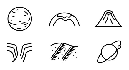 Geological Icons Set: Volcano, Planet, Earth Layers, Crater, Space Orbit, Geology Concepts © Masud