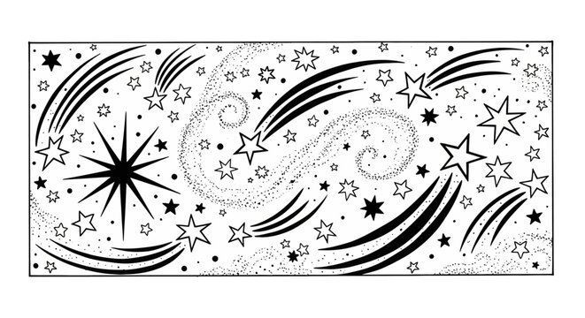The whimsical illustration showcases swirling streaks and stars in space.