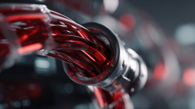 Closeup metallic tube carrying crimson fluid, automated monitoring system in biotech reactor, reflective chrome connector, viscous flow, sterile blue lighting, microbubbles and condensation, hightech
