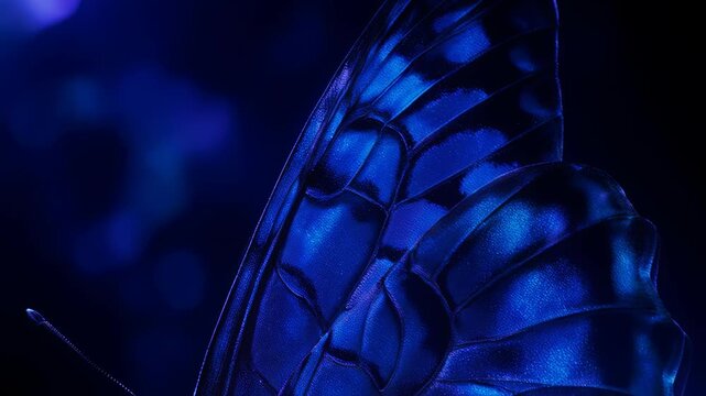 Close-up macro slow-motion of a vibrant blue iridescent butterfly wing unfurling with intricate patterns, against a dark bokeh background, symbolizing transformation