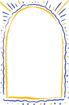 Watercolor, crayon, pastel, paint brash drawing mediterranean blue and yellow aesthetic frame. Coastal doodle boarder. Seaside sun design element. Greek, Italian, Santorini, Amalfi vacation invitation