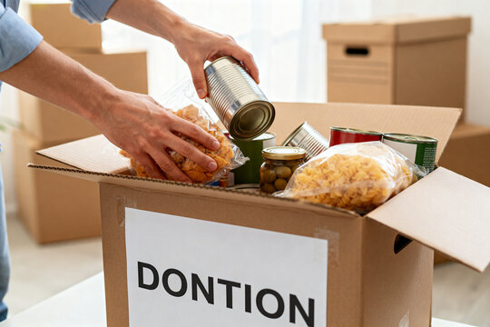 Person Packing Non-Perishable Food Items into Donation Box