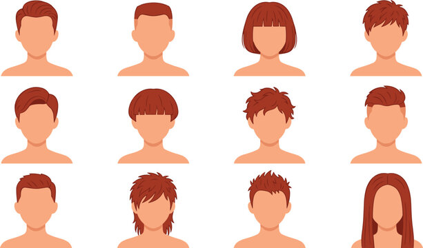 Haircut and hairstyle vector set with diverse cartoon man and woman avatar heads showing trendy haircuts brown hair bangs bob fade undercut mullet style illustrations