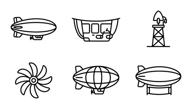 Airship, Blimp, Zeppelin Icons: Vintage Transport & Aviation Line Art Collection
